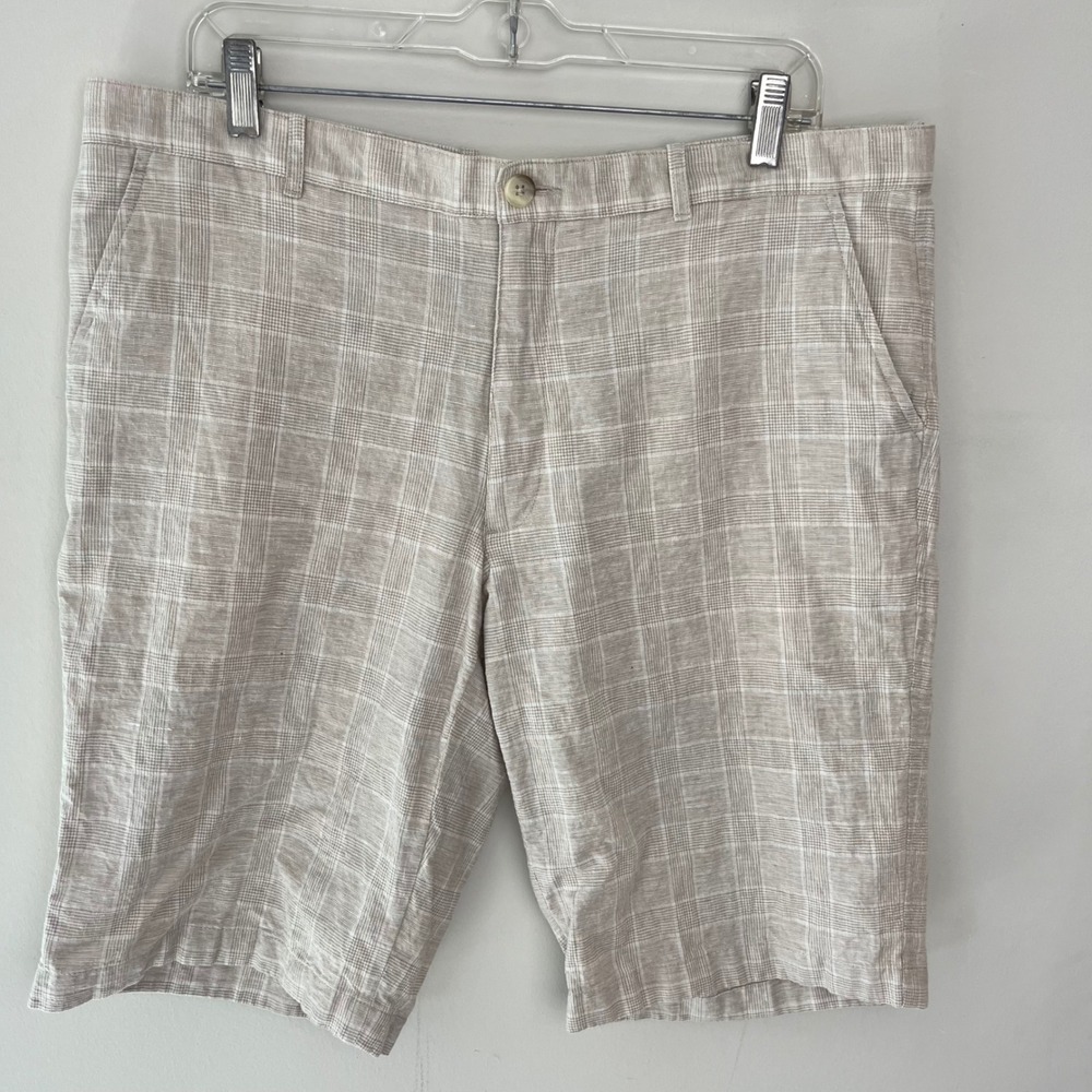 Perry Ellis Mens 36 Linen Cotton Plaid Flat Front Shorts Beige Tan PS28094
